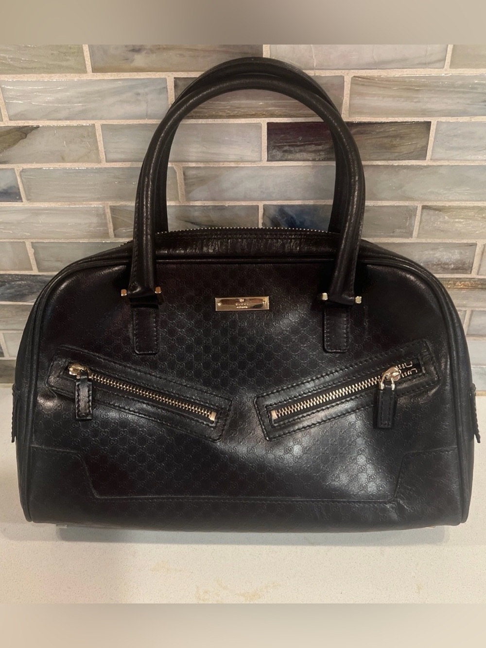 Gucci Black Leather Dome Satchel with Dual Zip Front Pockets